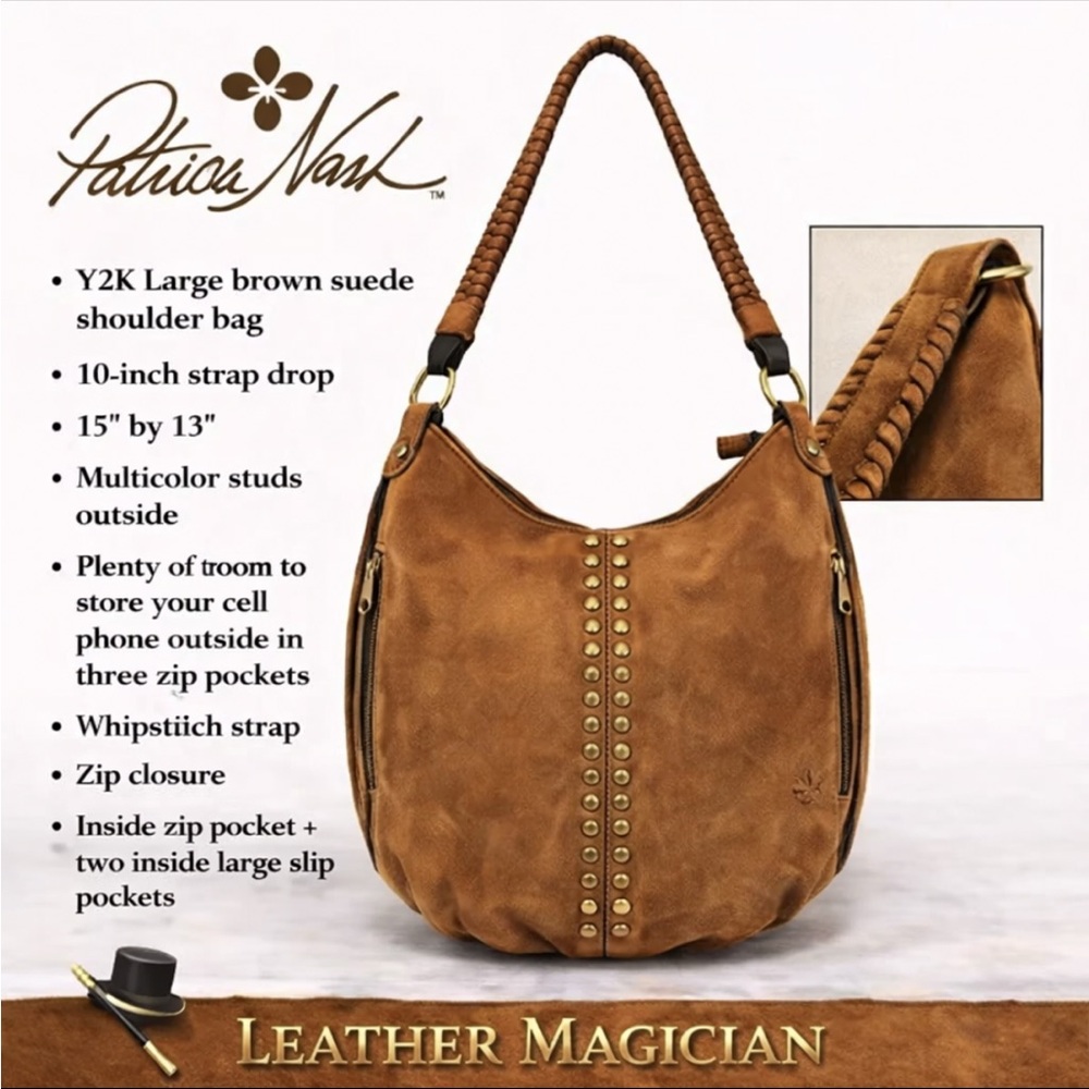 Patricia Nash Y2K Brown Suede Stud Hobo Bag w/Whipstitch Strap
